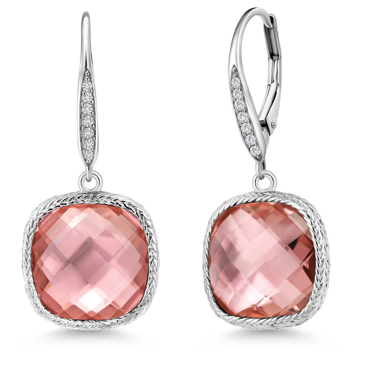 Gem Stone King 925 Sterling Silver Peach Nano Morganite and White Lab Grown Diamond Earrings for Women | 15.14 Cttw | Gemstone October Birthstone | Cushion 12MM