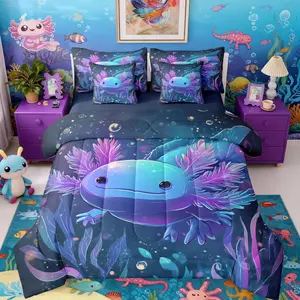 Cute Axolotl Comforter Bed Set with Sheets,7 Piece Kawaii Purple Salamander Bed Bag,Reptile Animal Sealife Bedding Set,Women Adults Ocean Sea Bed Set
