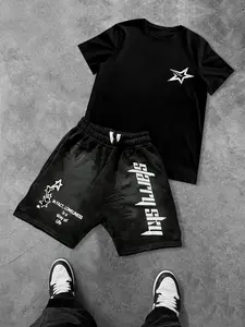 Men's Star Print Short Sleeve T-Shirt and Drawstring Shorts Matching Set, Casual Round Neck Tee and Gym Shorts, Summer Clothing