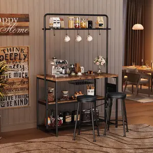 Industrial Kitchen Island with Power Outlet, 2 Bar Stools, 3-Tier Shelves & 5 Hooks, Microwave Stand Coffee Bar Table for Dining Room, Living Room or Apartment