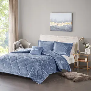 360 Stand Felicia Velvet Comforter Set - King/California King Size, 104x90x1in Soft Bedding Set with Throw Pillow, Hypoallergenic Diamond Quilt, Luxury Glam Blue Velvet Bedding