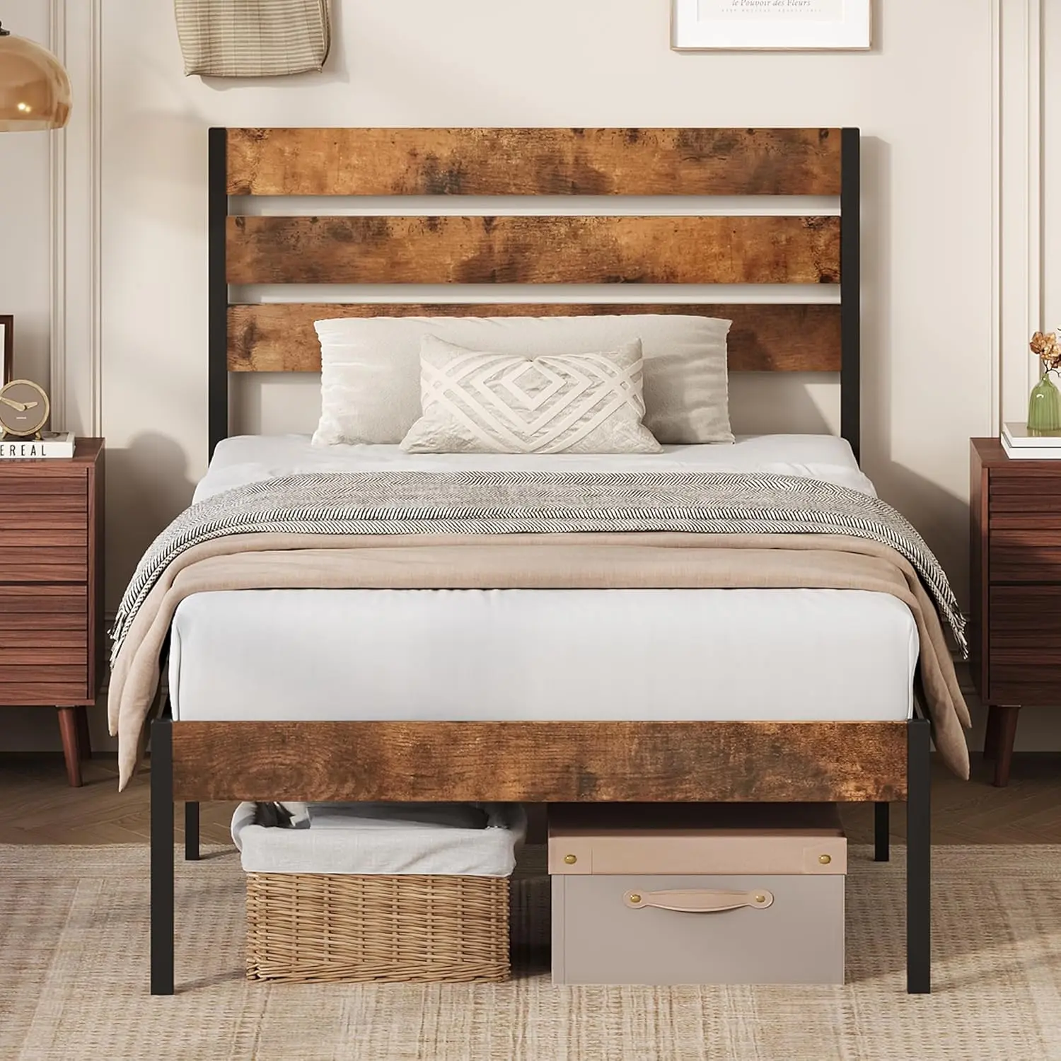 WLIVE Rustic Brown Twin Minimalist Platform Bed Frame with Headboard - Durable Heavy-Duty Reinforced Metal, 600 lbs Weight Capacity, Under Bed Storage, No Box Spring Needed, Easy Assembly, Platform Bedframes