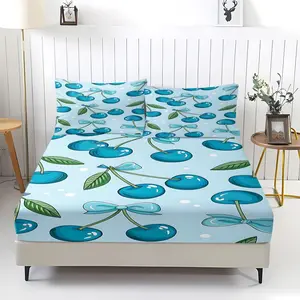 3Pcs Blue Cherry Bow Pattern Digital Print Fitted Sheet Set, Soft Microfiber Mattress, Cute Pastel Blue Cherry Pattern, Preppy Aesthetic Bedding for Teens & Girls, Breathable & Resistant, Includes 2 Pillowcases, No Pillow Core