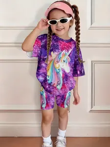 Girls' Summer Short Sleeve Set, Starry Rainbow Unicorn Print Tee & Cycling Shorts, Casual Two-Piece