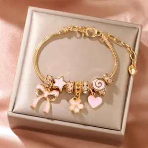 [Vintage Charm Bracelet] 1pc Vintage & Sexy Adjustable Golden-Tone Charm Bracelet - Zinc Alloy, with Pink Bow, Heart & Star Charms, Perfect for Daily Wear or Gifting, Valentine's Day Special, Cute Bracelets