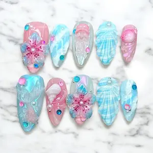 Fake Nails for Summer Beach | Mermaid Nails with 3D Shell & Pearls | Pastel Vacation Nails | Cute Ocean Press On Nails Set, Blue pink nails