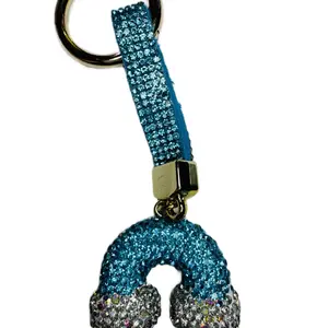 Blue Rainbow Bling Metal Bag Charm Keyring with Sparkling Rhinestones