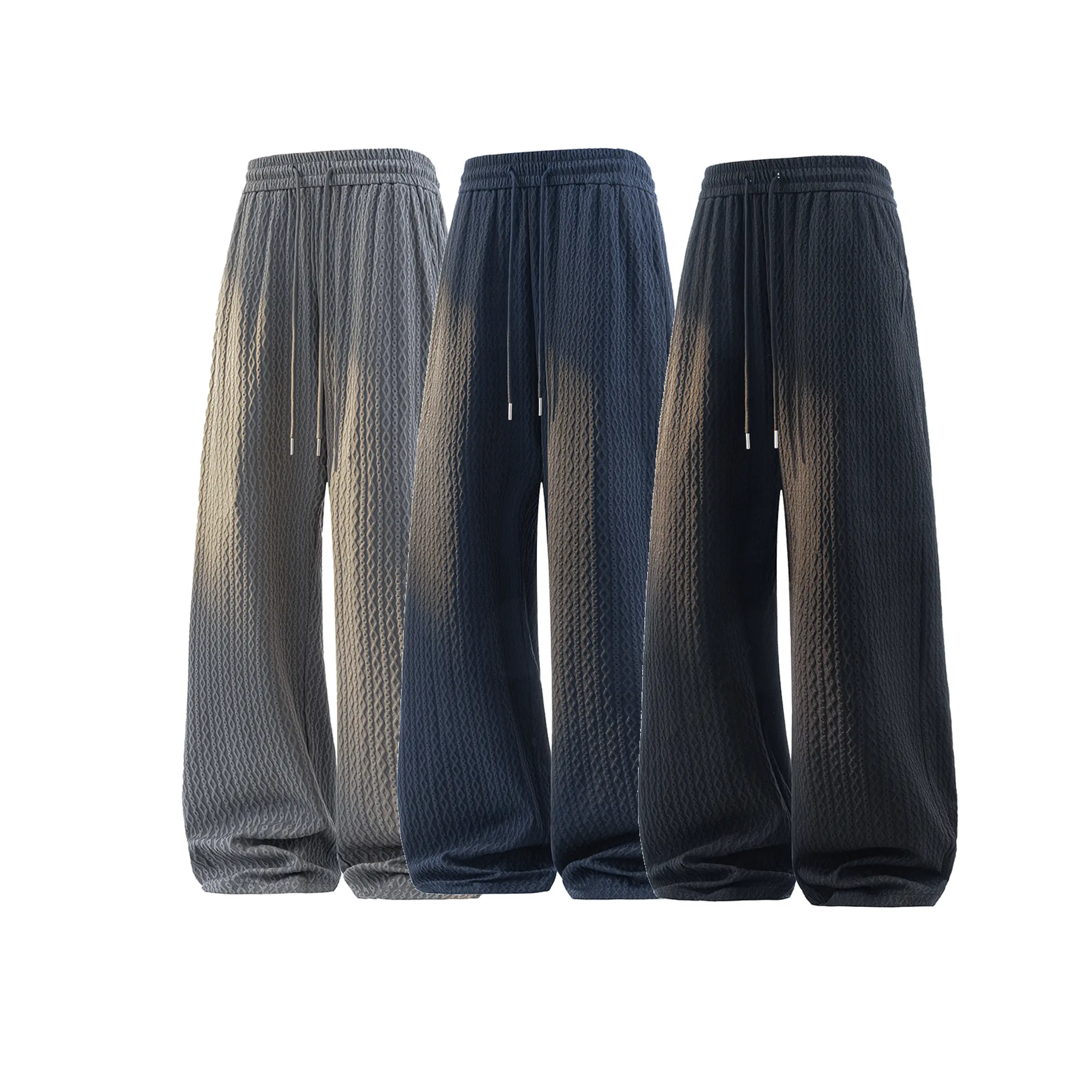 Menswear Textured Stretchy Baggy Wide-Leg Drawstring Pants - Elastic Waistband, Plain Fabric, Summer Casual Loose Trousers in Gradient Gray, Dark Blue, Black for Street Style, Home Wear, Oversize, Texture Weave, H Type, Straight Pants