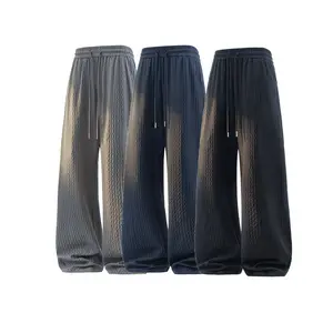 Menswear Textured Stretchy Baggy Wide-Leg Drawstring Pants - Elastic Waistband, Plain Fabric, Summer Casual Loose Trousers in Gradient Gray, Dark Blue, Black for Street Style, Home Wear