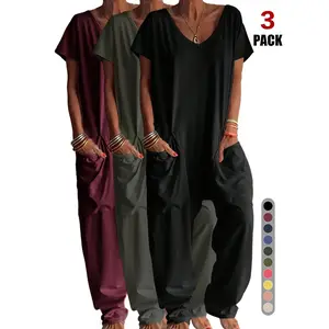 2026 Women's Casual Organic Material Wide-Leg Jumpsuit, Loose Batwing Short-Sleeve V-Neck Harem Jumpsuit, Perfect for All Seasons, Stylish & Comfortable Clothes