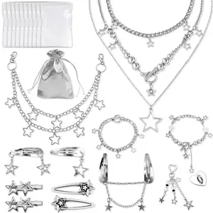Y2k Accessories Set Included Star Y2k Silver Necklace Grunge Layered Necklace Star Hair Clip Y2k Silver Hair Clips Keychain Hip Hop Pants Chain Vintage Jewelry Set for Women