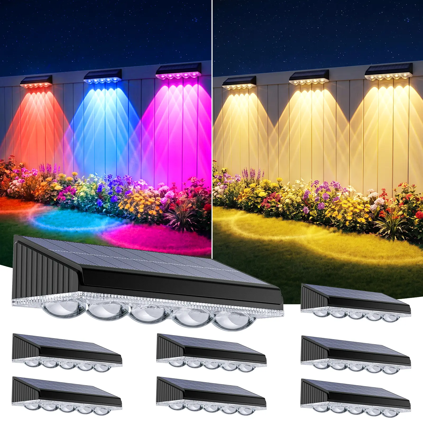KOOPER Solar Powered Fence Lights - Outdoor Waterproof, 8/12 Pack with Warm White Glow, 9 Fixed Colors & Color Changing Modes, Auto Off for Patio Lights Outdoor, Backyard Railing Wall