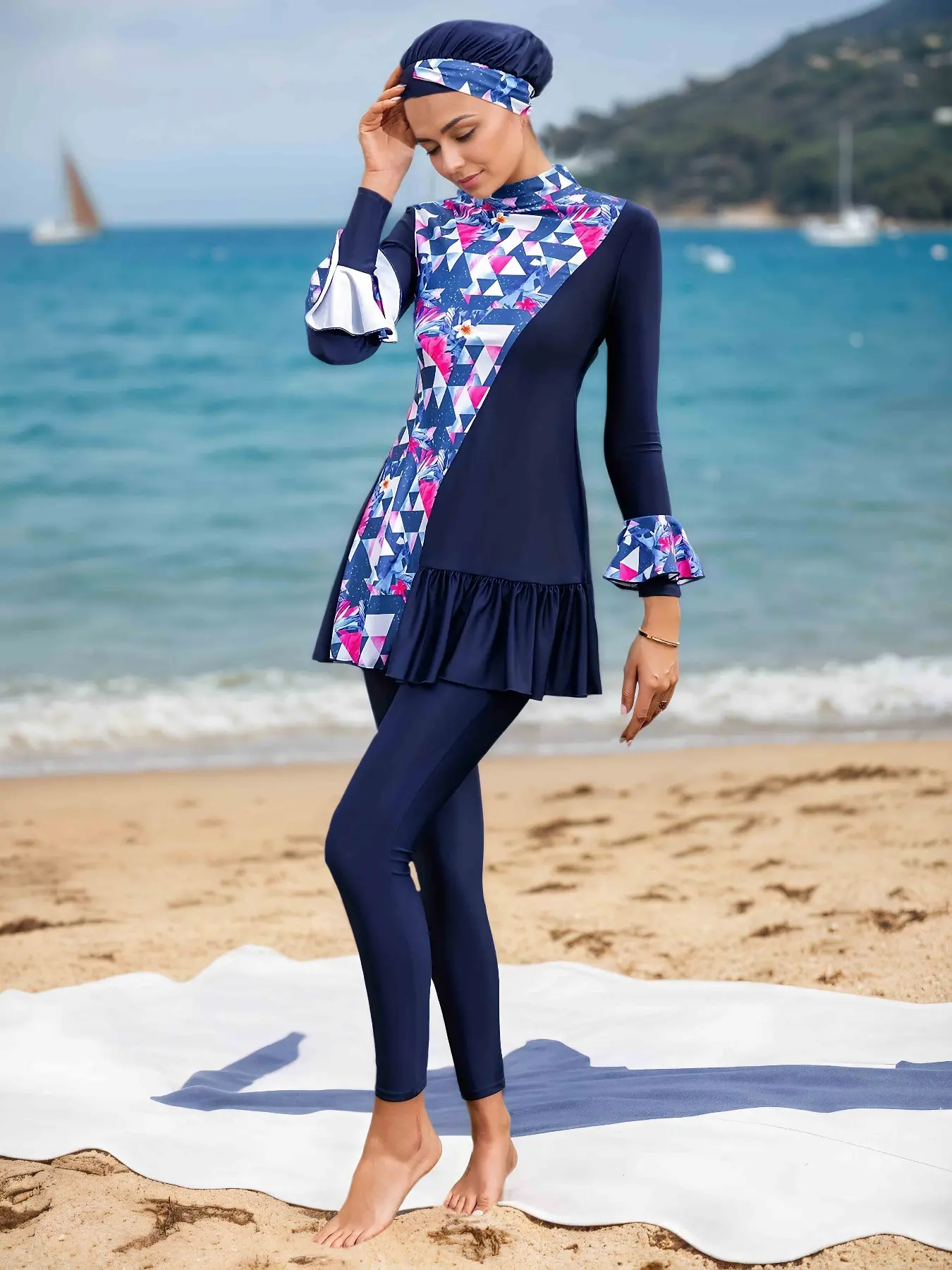 New Two-Piece Muslim Women's Swimsuit, Beach Vacation Sun Protection Dive Suit, European Style Printed Full Coverage Swimwear, Modest Bathing Suit, Full Coverage Swimsuits, Burkini, Beachwear Swimsuits