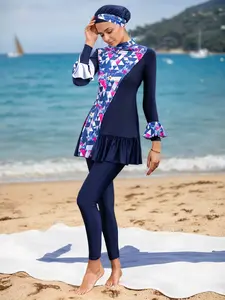 New Two-Piece Muslim Women's Swimsuit, Beach Vacation Sun Protection Dive Suit, European Style Printed Full Coverage Swimwear, Modest Bathing Suit, Full Coverage Swimsuits