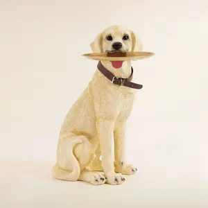 Homary Modern Beige Resin Dog Sculpture Cute End Side Table with Stainless Steel Storage Tray