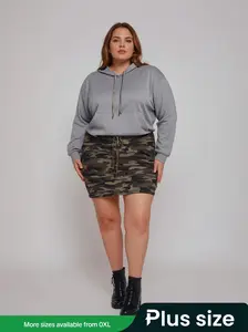 [Plus Size] Camo Print Camouflage Drawstring Waist Fitted Bodycon Skirt, Casual Street Short Skirt for Daily Wear, Women's Plus Size Bottoms for All Seasons