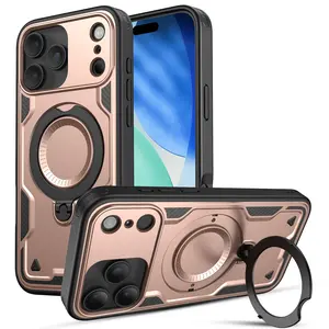 iPhone 17 Pro Max 6.9-inch mobile phone case with a rotable holder, shockproof and anti-drop phone case, magnetic holder with 360 degree rotation, compatible with MagSafe technology, Rose Gold