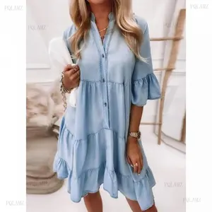 2026New Solid Color Washed Cotton Five-Quarter Sleeve A-Line Mid-Length Denim Dress, Women's Denim Effect Printed Ruffle V-Neck Dress, Summer Casual Short Sleeve Dress, Fashion Women's Daily Wear Womenswear Comfort