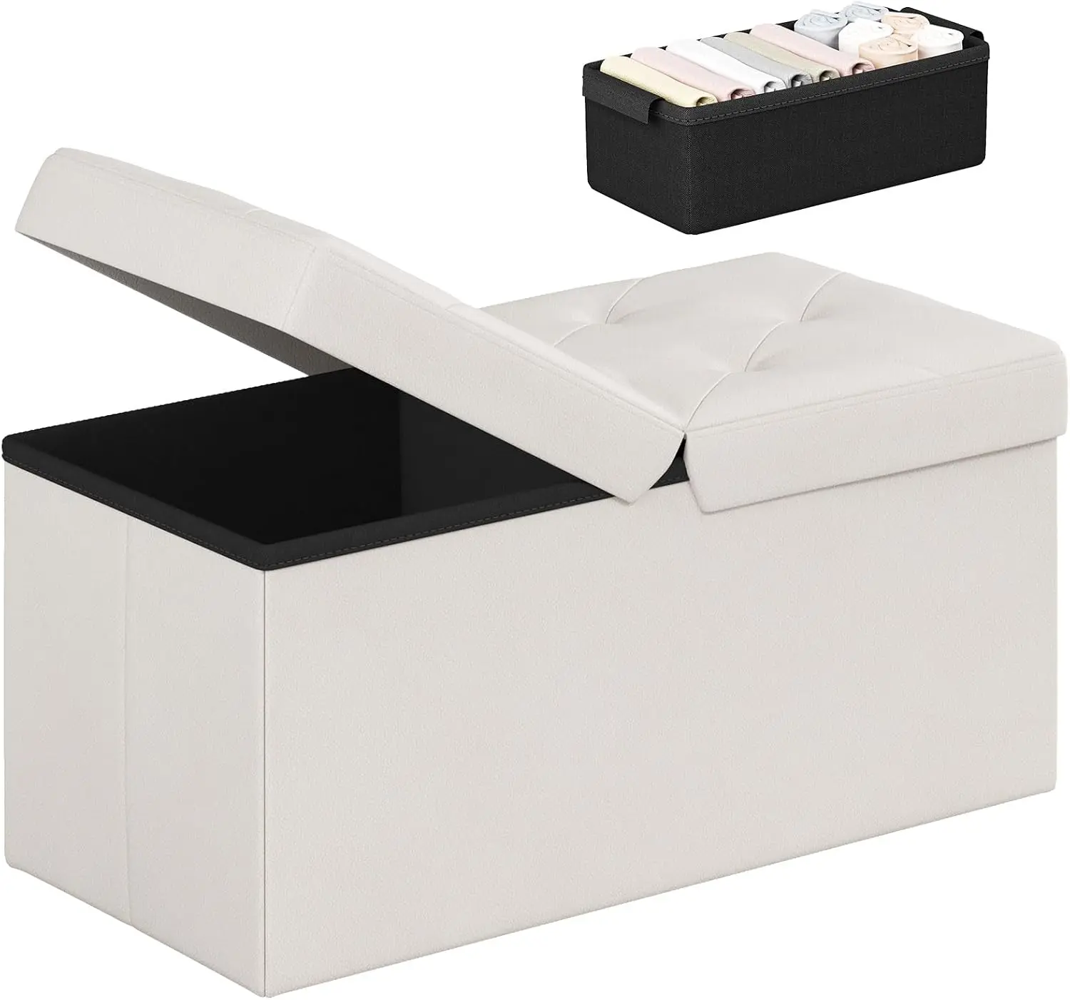 DUMOS 30 Inch Folding Storage Ottoman Bench with Flipping Lid Ottoman with Storage, Foot Rest Stool with Foam Padded Seat, Storage Chest for Bedroom, Living Room, Faux Leather, Beige