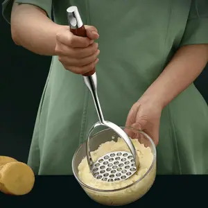 Stainless Steel Potato Masher Manual Hand Press - Comfort Grip Handle with Wooden Detail, Versatile Kitchen Tool for Mashing Potatoes & Juicing Citrus Fruits