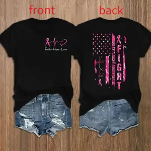 Women's Breast Cancer Awareness Graphic Print T-Shirt - Short Sleeve Crew Neck Casual Top with Pink Ribbon & "Empowerment" Design, Semi-Sheer Geometric Pattern, Machine Washable for Summer & Spring, Empowerment Clothing | Inspirational Text Tee