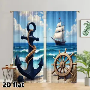 2D Flat 2Pcs Nautical Theme Curtains with Anchor Ship Wheel Pattern, Ocean Sailing Design, Rod Pocket Style, Semi Sheer Polyester Fabric, Coastal Beach Decor for Living Room Bedroom Kitchen Bathroom Window Treatment, Marine Home Decoration