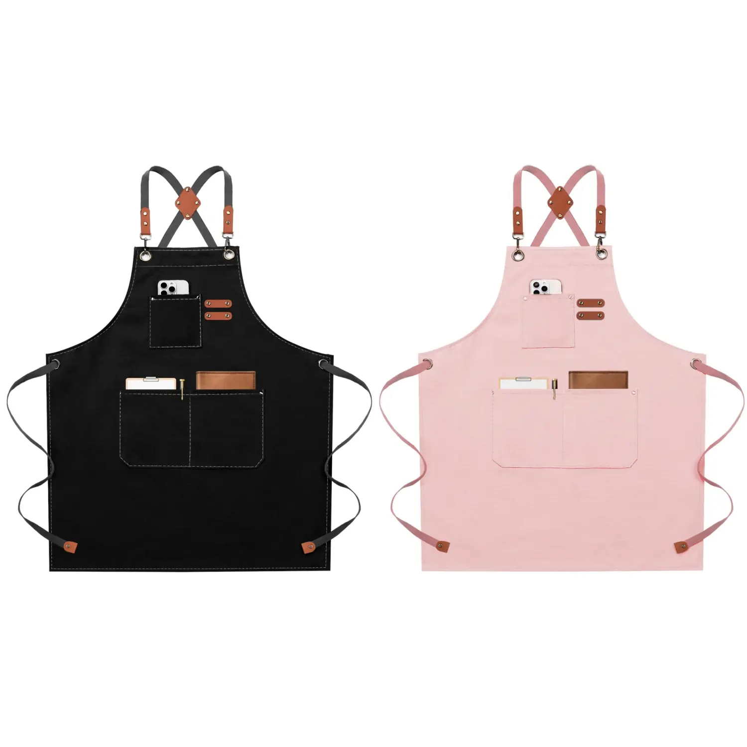 2PCS Chef Apron for Women Men with Large Pockets, Cotton Canvas Cross Back Waterproof Work Aprons for Kitchen Cooking Bib