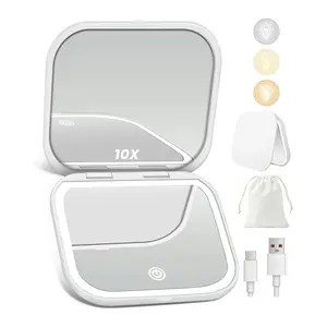 Compact LED Makeup Mirror with Light, 1x/10x Magnification, Portable Foldable, USB Rechargeable, 3 Color Lighting, Travel Mirror