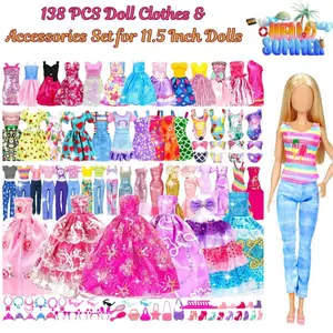138 Pcs Doll Clothes and Accessories, 5 Wedding Gowns 9 Fashion Dresses 3 Tops 3 Pants 3 Bikini Swimsuits 20 Shoes for 11.5 inch Doll Christmas Stocking Stuffers Girls Gift Age 5-7 8-10