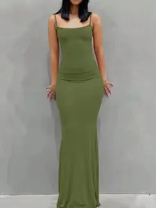 A women's solid-color slim-fit mermaid long sleeveless dress with thin straps, offering soft, skin-friendly feel and slimming effect accentuating curves, suitable for elegant and sexy occasions like dates, cocktail, Womenswear