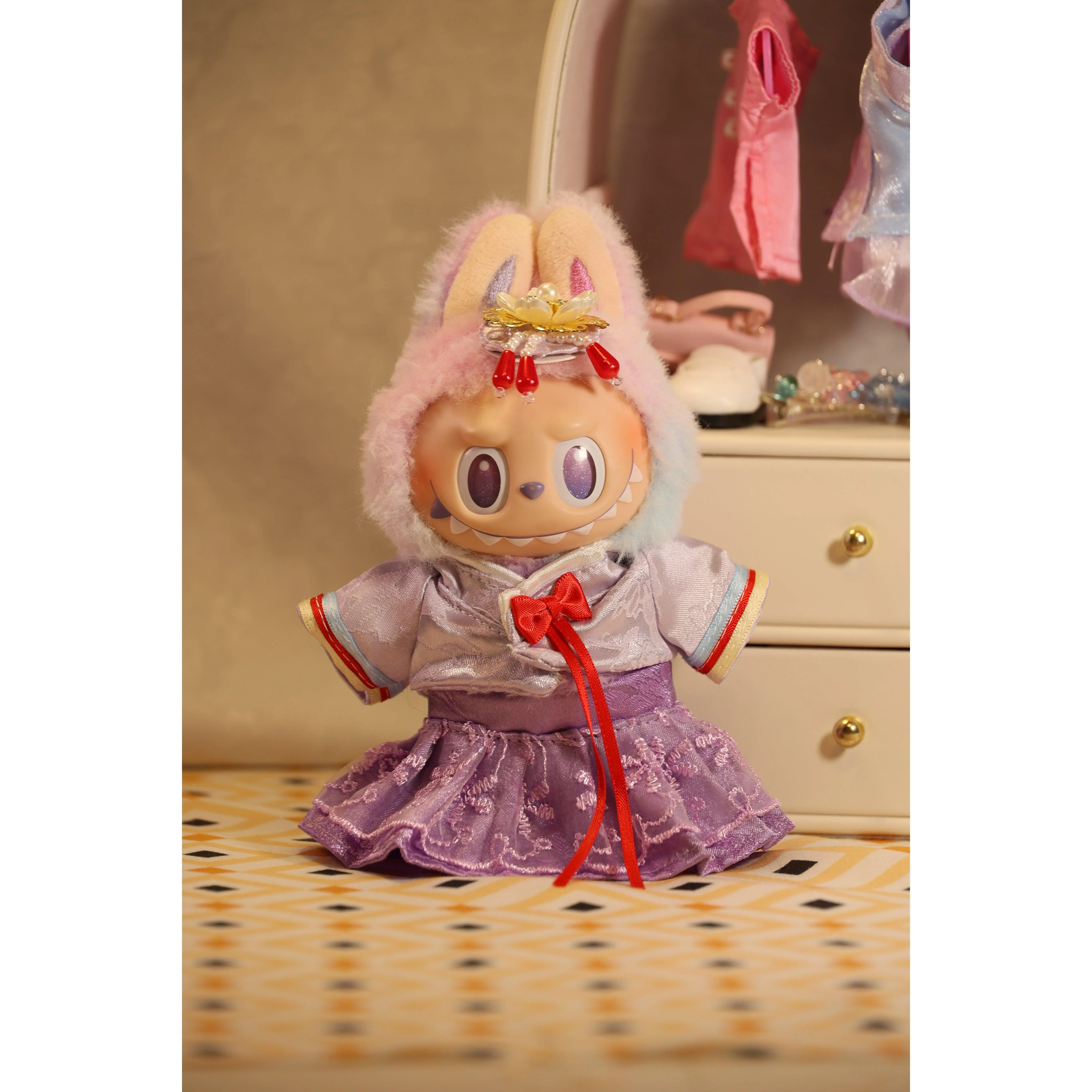 The Royal Orchid Purple and Red Mini Hanbok for Labubu