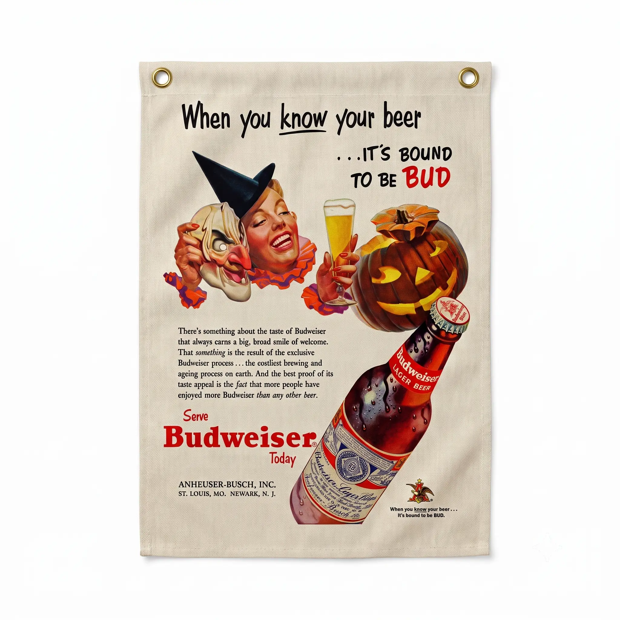 Vintage Budweiser Halloween Flag | Retro Bud Beer Wall Banner | Spooky Season Man Cave Decor | Classic Bar Sign Tapestry