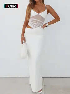 Women's Plain Sheer Bodycon Dress, Elegant Fashion Casual Hollow Out Long Tube Dress for Party Club Dating Wear, Ladies Dress for All Seasons, Womenswear