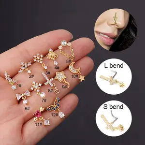 1Piece 20G Stainless Steel S/L Shape Nose Nail Heart Cross Star Moon Pendant Nose Ring Stud for Women CZ Nose Piercing Jewellery