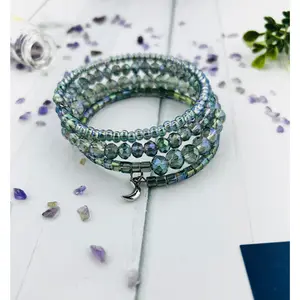 Handmade Glass Beaded Memory Wire Bracelet with Small Silver Moon charm.