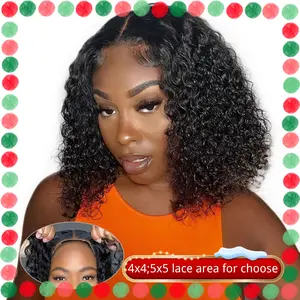 Wear and Go Glueless Wigs Human Hair Pre Plucked Pre Cut Short Bob Wigs with Elastic Band for Black Women Deep Wave Curly 4x4 Closure Wig Water Wave Wigs Human Hair