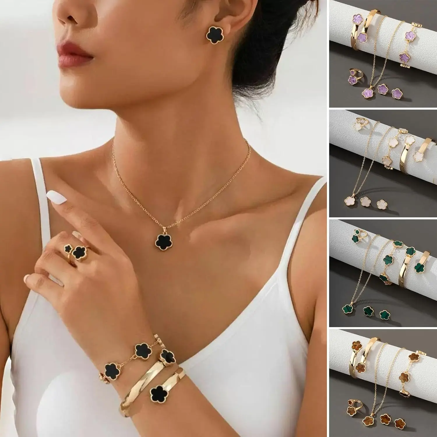 Women's Lucky Flower Pendant 4-Piece Costume Jewelry Set - Necklace, Ring, Bracelet, Earrings - Dainty Daily Accessory for Valentine's Day, Mother's Day Gifting