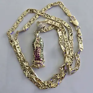 Tjeme Religious Virgin of Guadalupe Necklace - Gold-Tone Chain with Colorful Pendant and Clear Gemstone Accents