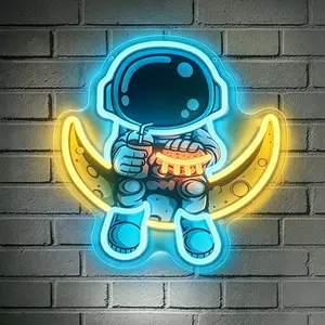 Wall-mounted creative astronaut sitting on the moon eating a burger acrylic engraved neon light, USB dimmable, suitable for gaming rooms, kids' rooms, designer stores, birthday gifts, holiday parties, trendy restaurants, and other scene decorations.