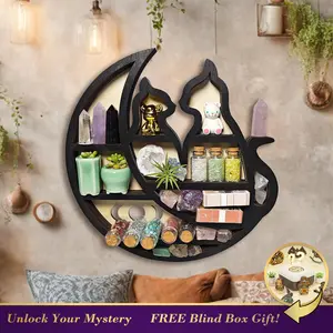 FNYDOX Cats on The Moon Crystal Display Shelf Wooden Hanging Floating Shelf Crescent Moon Phase Shelf Stones Essential Oil Organizer Rock Storage Gem Holder Wood Gothic Witchy Boho Home Wall Decor