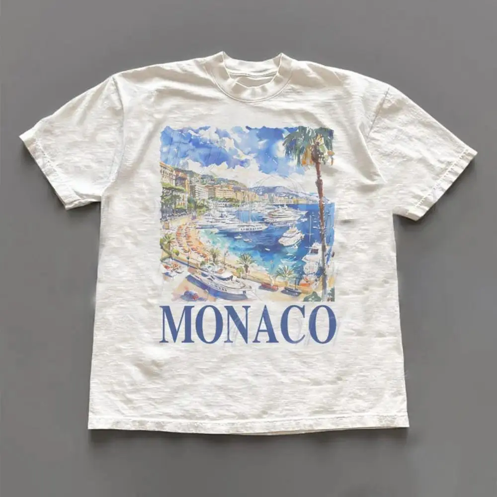 Unisex Vintage Graphic T-Shirt, Retro Monaco Harbor Print 100% Cotton Shortsleeve Top with Stretch Fit, Spandex, Casual, 2Xl, Cotton Tee, Retro Vintage, Classic Fit, Oeko-Tex Dye, Round