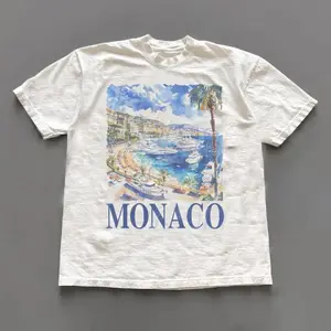 Monaco Watercolor Harbor Graphic T-Shirt, Vintage Coastal Yacht Print Tee, Oversized [100% cotton] Shirt, Mediterranean Vacation Casual Short Sleeve Top, Trendy Travel Aesthetic Cotton Tee for Beach, Luxury Travel and European Summer Fans