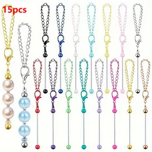 15pcs Bulk Metal Blank Beadable Keychain Bars Kit - DIY Beaded Key Chain Making Supplies with Pre-Formed Bars for Beads, Charms, Jewelry Crafting - Compatible with Beads, Spacers, Capsules, Talismans