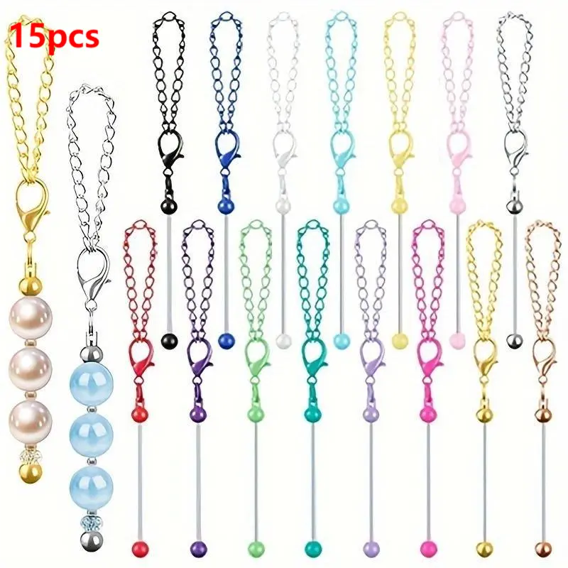 15pcs Bulk Metal Blank Beadable Keychain Bars Kit - DIY Beaded Key Chain Making Supplies with Pre-Formed Bars for Beads, Charms, Jewelry Crafting - Compatible with Beads, Spacers, Capsules, Talismans