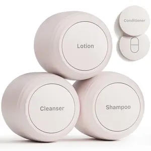 Trimcoo New Travel Toiletry Containers [Ultra Leakproof] TSA-Approved, PLA Hard Shell Jars with 5 Magnetic Labels, Wide Mouth Bottles for Lotion, Cleanser, Shampoo, Conditioner, Beige, 3 Pack, 1OZ