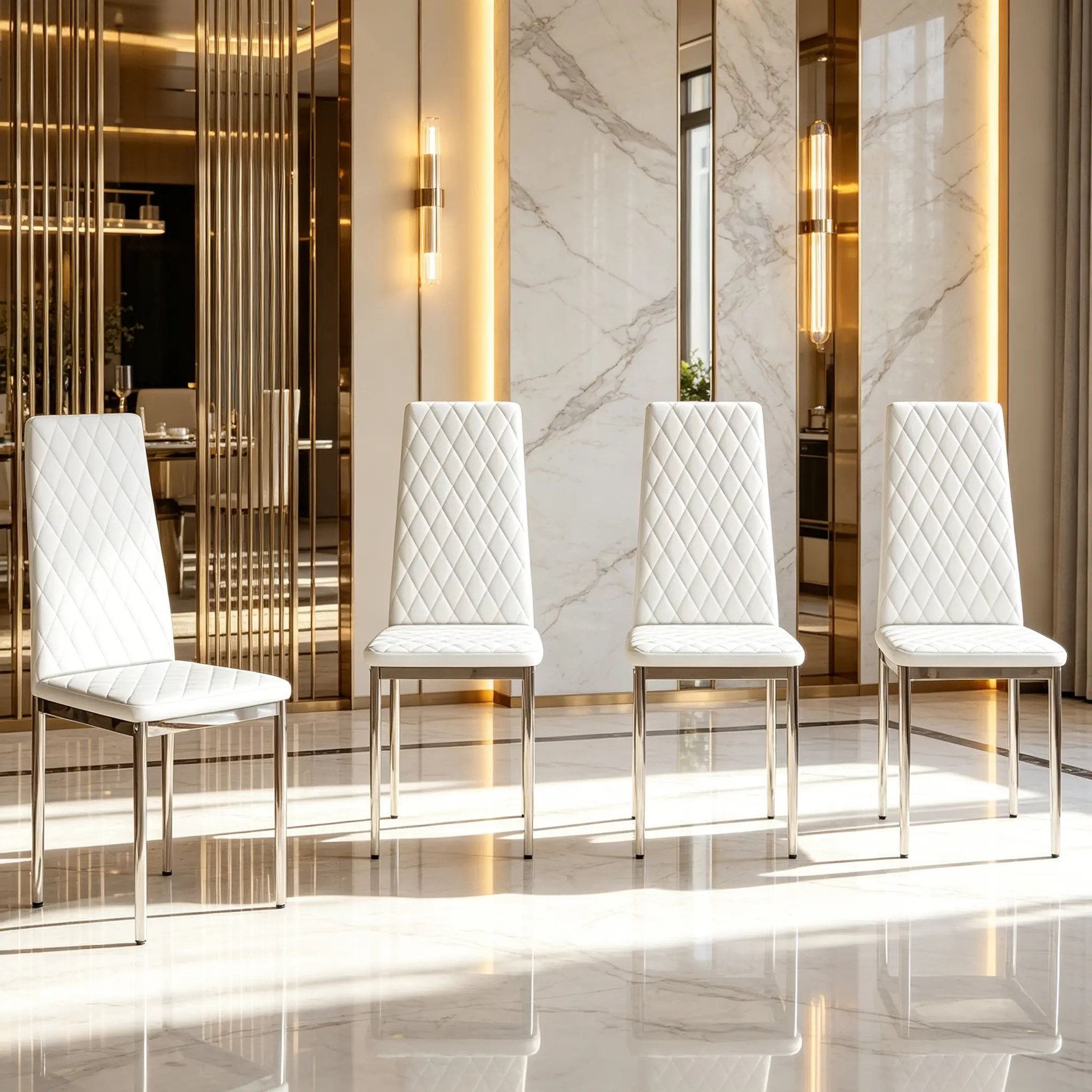 Elegant Minimal Chic 4-Piece White PU Leather Upholstered High Back Diamond Quilted Dining Chairs - Sturdy Stainless Steel Legs, Easy Setup Decorative Accent Dining Room Furniture, Assembly Required Indoor Furniture