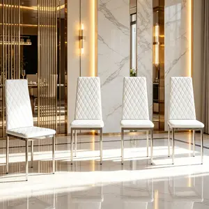 Modern Dining Chairs Set of 4, White PU Leather Upholstered High Back Diamond Quilted Kitchen Chairs with Sturdy Silver Metal Legs for Living Room, Aesthetic Farmhouse