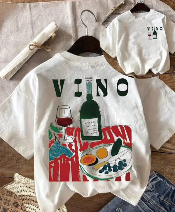 Women's White Basic Casual Short Sleeve T-Shirt - All Seasons, Hand-Drawn Cartoon Graphic Vino Wine Bottle Fruit Plate Print (Front & Back Double-Sided), Food Wine Lover Gift, Machine Washable, Do Not Tumble Dry