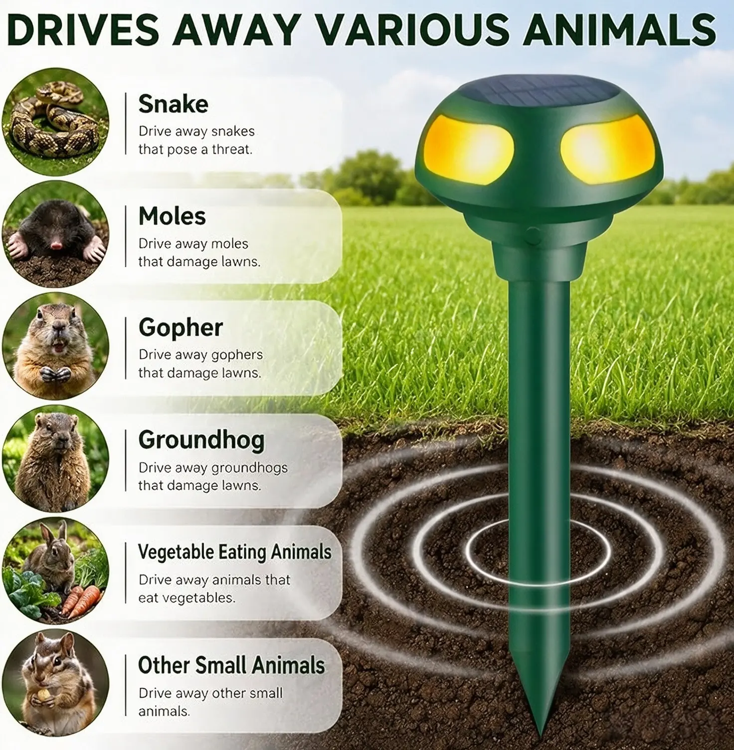2-Pack Solar-Powered Ultrasonic Snake Gopher Mole Repeller, Non-Toxic Pet Safe Rodent Deterrent, Outdoor Lawn Garden Pest Repellent Safe for Dogs Cats & Children