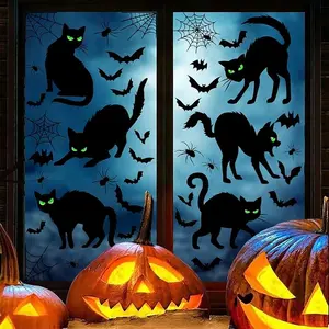 Halloween Black Cat Window Clings – 6 Sheet Set Spooky Double-Sided Silhouette Stickers with Bats & Spider Web Decals for Haunted House, Party & Home Window Décor